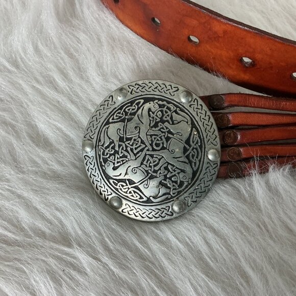 Vintage Brown Strappy Leather Belt Pewter Celtic Horses Buckle - Picture 1 of 8